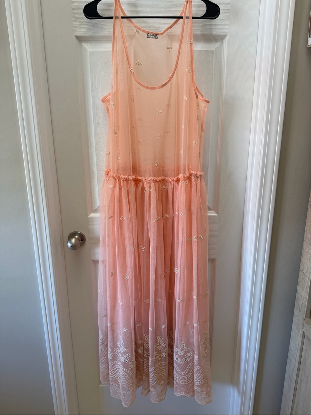 Intimately Free People Peach Pink Sheer Embroidered Mesh Maxi Dress Size Medium